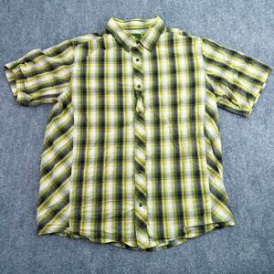 PrAna‎ Shirt Mens Medium Green Yellow Plaid Pearl Snap 100% Organic Cotton